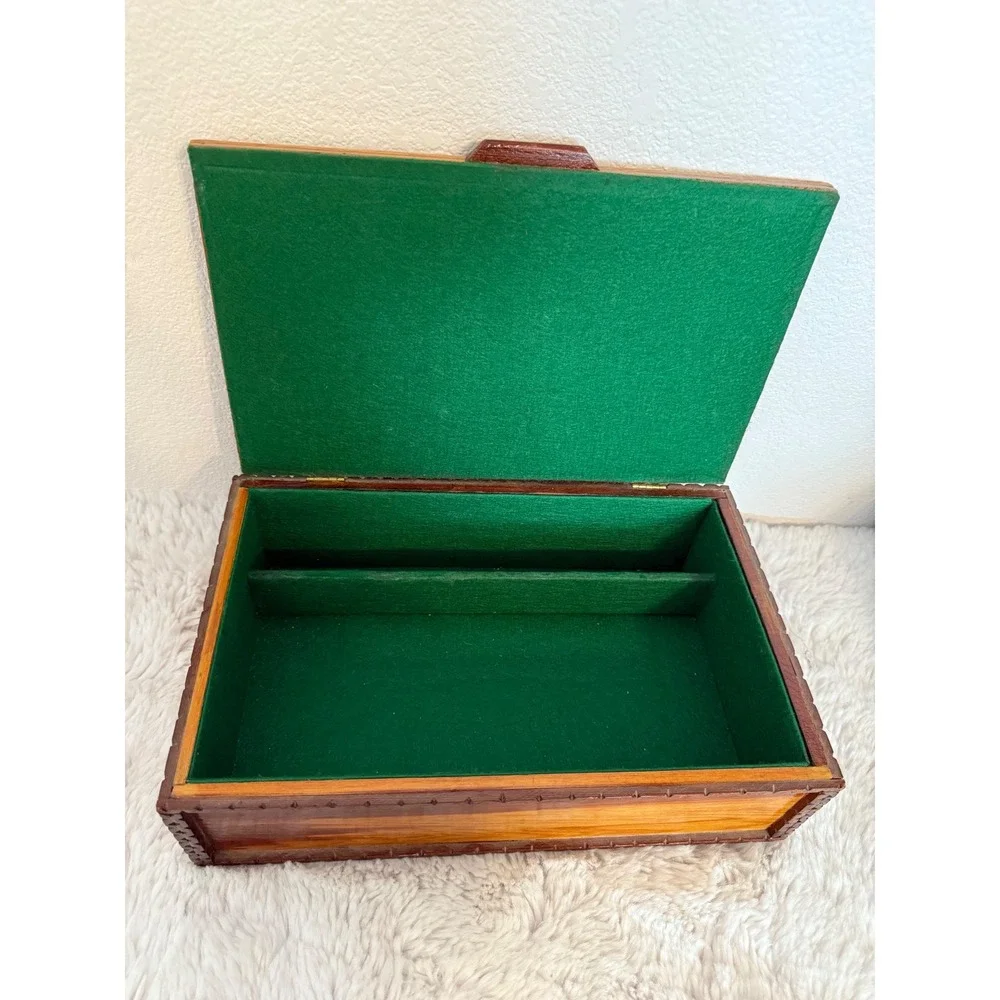 Antique tramp art wooden Box with Intricate Inlay Design Trinket Jewelry Storage